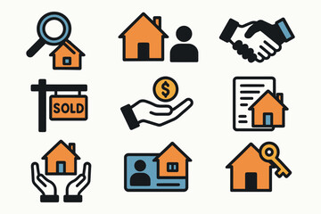 Real estate icons representing buying selling and property services