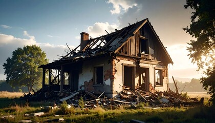 Ruined house at sunset