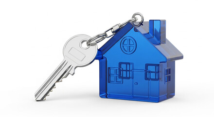 Blue house keychain with key representing real estate