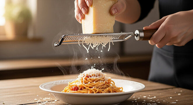 Hand grating parmesan cheese on hot spaghetti pasta