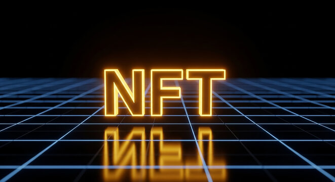Nft glowing text standing on digital grid - Powered by Adobe