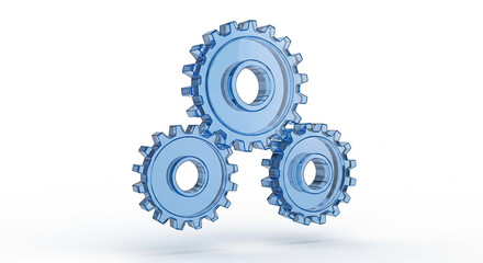 Blue transparent gears interlocking representing teamwork and system