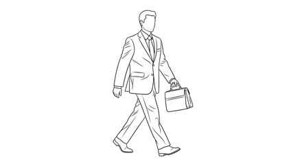 Line art illustration of a man in a business suit walking while carrying a briefcase