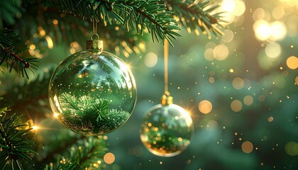 Christmas tree hanging glass transparent bauble balls, green light golden bokeh background.