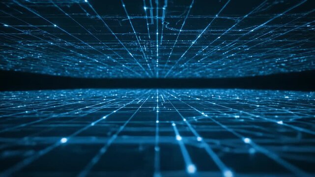 Futuristic digital grid pattern illuminating with pulsing light lines creating a technological and interconnected background glow, website, pulsing