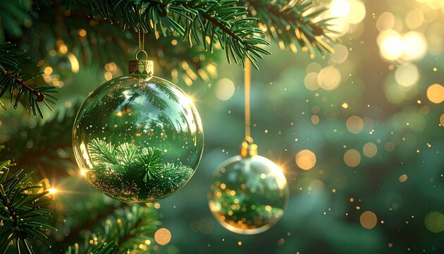 Christmas tree hanging glass transparent bauble balls, green light golden bokeh background.