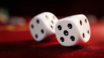 Two white dice on red casino table, close up, showing numbers, gambling concept, luck and chance, sharp focus, vibrant atmosphere