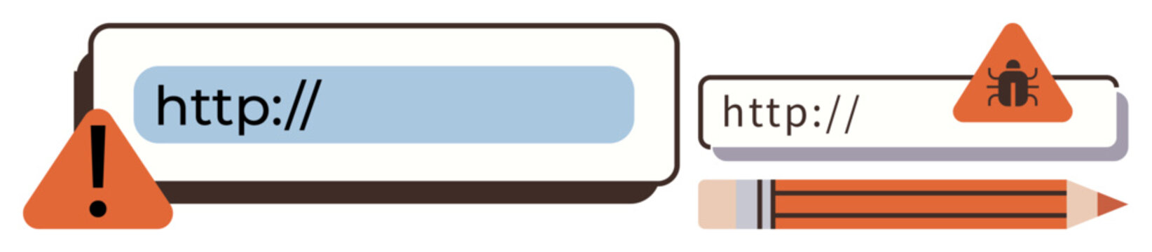 Address bar with error warnings, bug icon, and pencil suggesting editing or debugging steps. Ideal for cybersecurity, debugging, analysis, web coding, internet issues, error handling simple flat