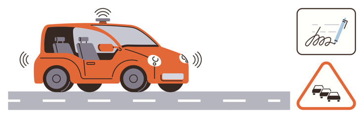 Orange self-driving car with sensors, road markings, hazard sign, and electronic signature icon. Ideal for smart transportation, safety, technology, automation, mobility communication simple flat