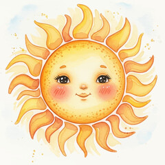 Adorable watercolor sun with a sweet smile, perfect for adding warmth and joy to children's projects or cheerful summer designs