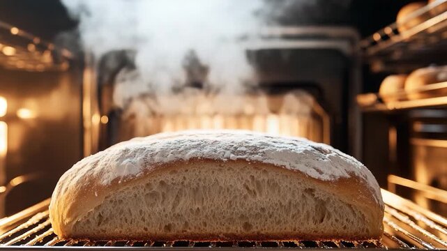 Freshly baked bread emerges from the oven, warm and aromatic