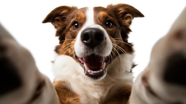Captivating Close-Up: Energetic Border Collie Leaping and Interacting with Playful Companion