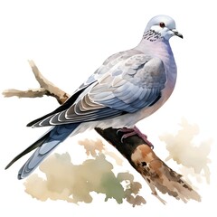 Fototapeta premium Collared dove perched on a branch, watercolor illustration