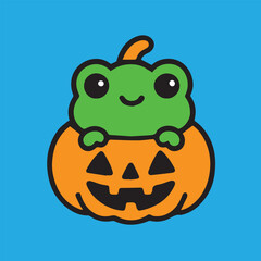 A bright and playful vector design featuring a little frog peeking from a carved pumpkin, full of color, fun, and Halloween magic.
