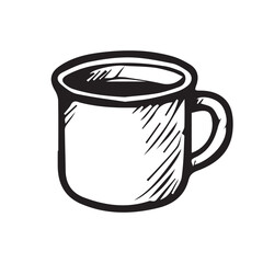 A minimalist black and white vector illustration of a camping mug, featuring clean outlines and simple details that evoke outdoor adventure and rustic charm.