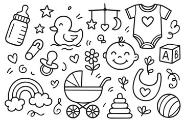 Black and white vector background decorated with baby icons like bibs, strollers, and plush toys, arranged neatly in a simple yet joyful repeating pattern.