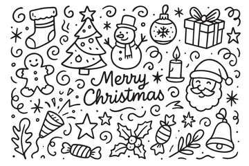 Minimalist black and white vector background filled with tiny Christmas icons bells, stars, snowflakes, and trees forming a charming festive pattern for seasonal designs.