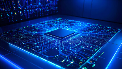 Futuristic Digital Circuit Board with Glowing Blue Lights and Intricate Pathways