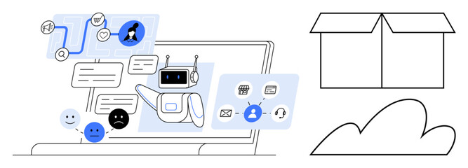 Robot assistant facilitating communication, analyzing emotions, and connecting AI to e-commerce tools. Ideal for automation, e-commerce, AI, cloud storage, customer support, digital transformation