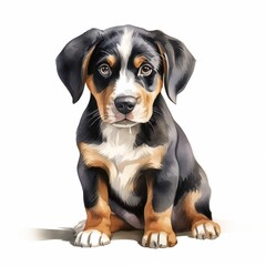 Adorable tricolor puppy sitting on white background