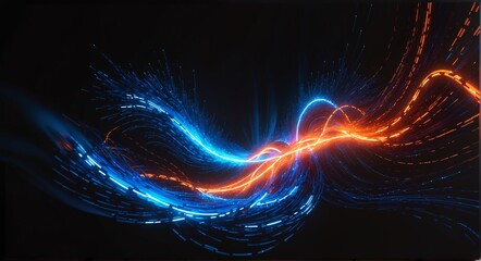 A dynamic swirl of glowing blue and orange light trails against a dark background, evoking energy, motion, and digital elegance.
