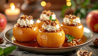Warm Baked Apples Filled With Cream Walnuts And Drizzled With Caramel Sauce Garnished With Mint Leaves On A Rustic Plate With A Tea Set In The Background
