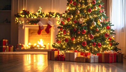 Warm Christmas Living Room Scene With Decorated Tree Fireplace And Presents In Soft Golden Light