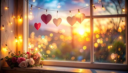 Warm Window Scene With Valentines Day Heart Garland String Lights and Rose Bouquet During Golden Hour Sunset