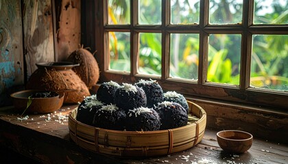 Warmly Lit Rustic Window Setting Showcasing a Bowl of Fresh Blackberries Topped with Grated Coconut Beside Coconuts and Clay Pots With Green Foliage Visible Through the Paned Window