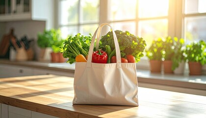 White Canvas Tote Bag Filled With Fresh Colorful Vegetables And Fruits Placed On A Wooden Kitchen Countertop With Natural Sunlight Streaming Through Windows In The Background
