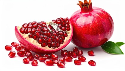 Whole Pomegranate and Halved Pomegranate with Scattered Seeds and Green Leaves on a White Background