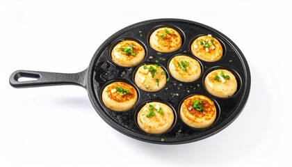 Close-up Daylight Shot of Golden Brown Takoyaki Balls Topped with Green Chives in a Black Cast Iron Pan on a White Background