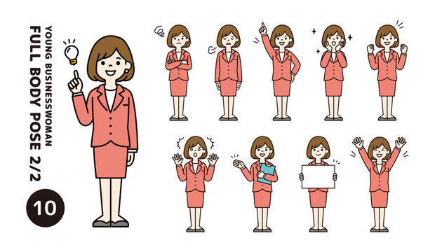 若いビジネスウーマン・OLのいろいろな表情・ポーズの全身ベクターイラスト素材セット＿カラー