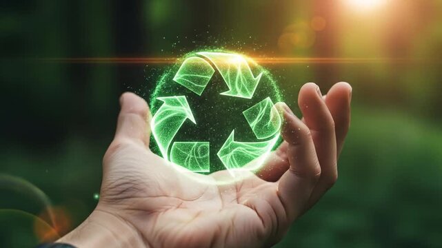 Promoting Sustainable Practices: A Hand Holding a Glowing Recycling Symbol in Nature