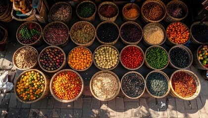 Vibrant Spice Market Display Of Various Colorful Spices In Wicker Baskets With Natural Sunlight Casting Shadows On Ground At Daytime