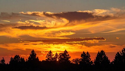 Vibrant Sunset Sky Over Silhouetted Pine Trees With Wispy Clouds And Golden Light