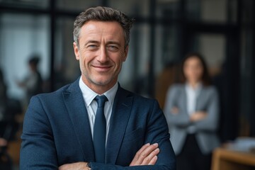 Professional middle-aged businessman in suit smiling in office setting
