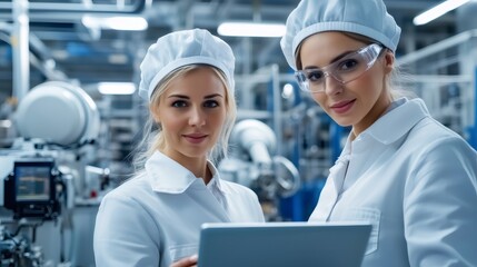 Women engineers researching data on tablet in factory