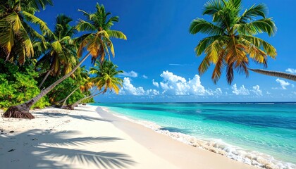 Vibrant Tropical Beach Paradise With Lush Green Palm Trees Swaying Over White Sand and Crystal Clear Turquoise Ocean Water Under A Bright Blue Sky With Fluffy Clouds