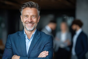 Smiling businessman in formal suit standing in office with team in background
