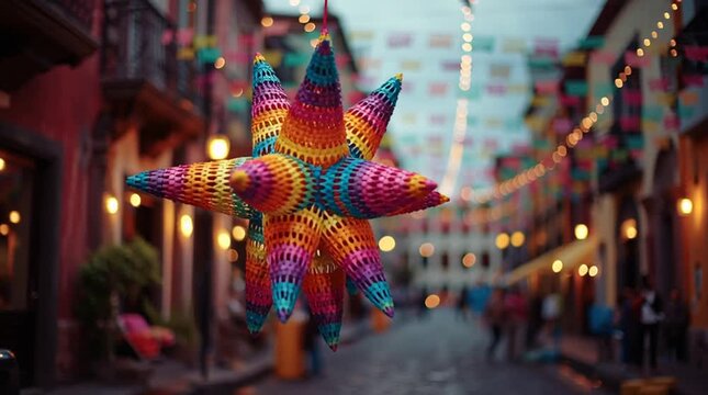 Colorful traditional Mexican star pinata hangs in the street during festive celebrations in a vibrant town square