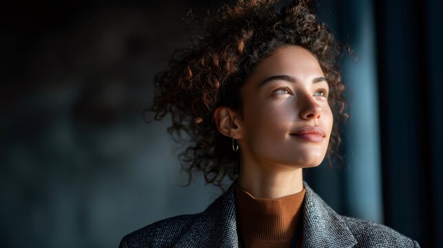 Young woman looking up with hopeful expression