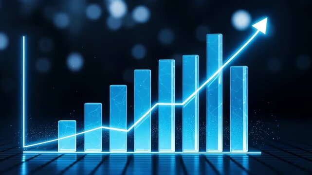 A glowing bar chart rising arrow financial growth data analytic busines succes neon 3d render futuristic market trend progres curve surge growth increase succes profit finance chart busines data