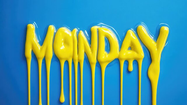 The word 'Monday' written in yellow liquid on a blue background