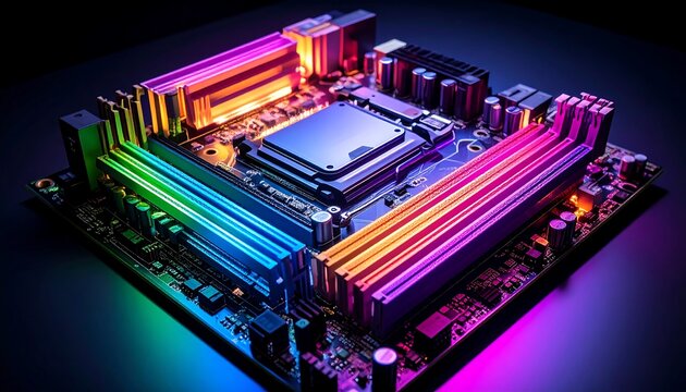 Colorful computer motherboard close-up