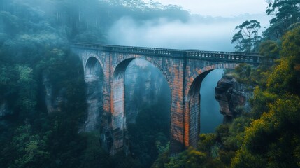 Large arch bridge crossing misty valley in the Mountains National Park.