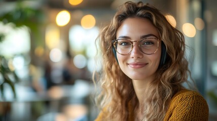 Young woman wearing eyeglasses and headphones smiling in modern office space