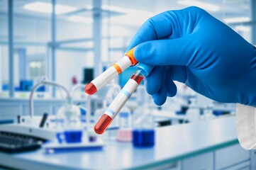 Fototapeta na wymiar Blood sample in test tubes for virus testing Fototapeta na wymiar Blood sample in test tubes for virus testing