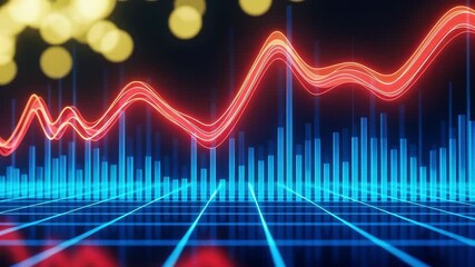 A vibrant red line graph glowing data chart neon bar graph digital grid background abstract finance concept blue histogram luminou analytic modern technology economic trend market waveform and ris - Powered by Adobe