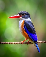 Fototapeta premium Blackcapped kingfisher perched on a rope with blurred green background